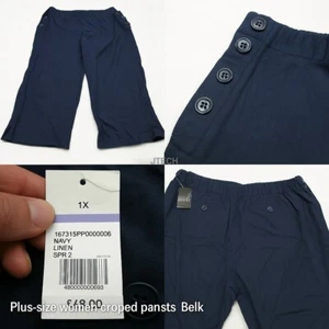 Kim Rogers Linen Capri Pants Women 1X Navy Blue Button Curvy Elastic 38x25 - Picture 1 of 15