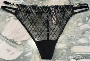 NEW Victoria Secret Very Sexy Shimmer Embroidery Strappy V-String - Black - XXL - Picture 1 of 6