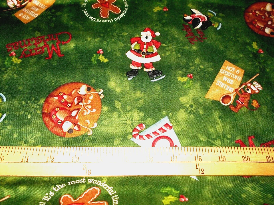 30" Red Rooster Hugs and Holly Green Christmas Fabric - Image 1 of 1