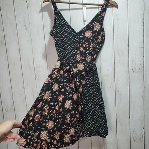 NWT BeBop Black Fit & Flare Polka Dot Floral Dress with Tie Belt Size Small - Picture 1 of 6