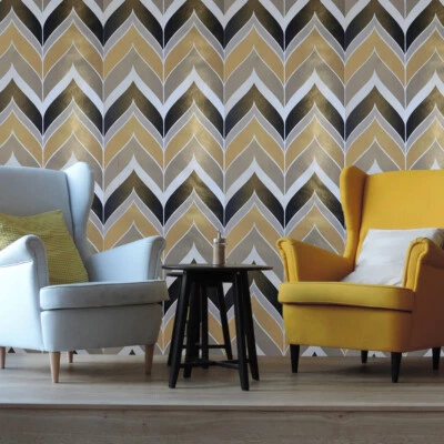 DN3725 Gatsby black white mustard bronze gold metallic chevron modern wallpaper - Image 1 of 4