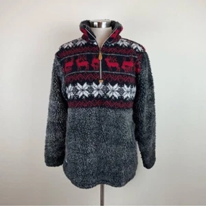 Simply Southern Black Red Gray Reindeer Fuzzy Faux Fur Pullover Sweater Small - Picture 1 of 9