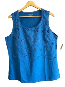 Coldwater Creek Sz Large Royal Blue Eyelet Linen Pinwheel Tank Top New with Tags - Picture 1 of 12