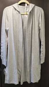 New Ideology Women's Long Open-Front Grey Hooded Cardigan Sz Medium Arm Detail - Picture 1 of 4