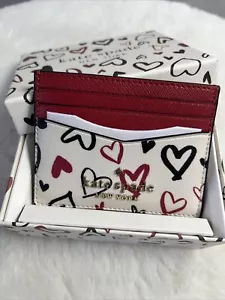 NWT Kate Spade Scribble Hearts Small Slim Card Holder Cream Multi - Picture 1 of 5