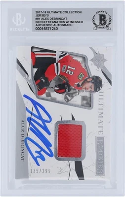 Tarjeta de novato firmada por Alex DeBrincat Blackhawks 2017-18 Upper Deck #91 #/299 BAS 10 Foto 1 de 4