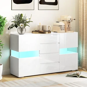 High Gloss Sideboard Storage Cabinet with LED Lights, 4 Drawers, Remote Control - Picture 1 of 11