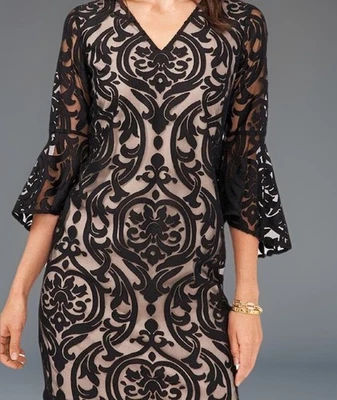 全新带标签!~MSK Wmn's 蕾丝连衣裙带贝尔袖 ~ 黑色/裸体 ~ V 领 ~ 鸡尾酒/派对 6 码 — 第 1/4 张图片