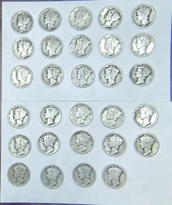 Lote de 29 monedas de diez centavos Mercury (1917-1945) 90 % plata fechas mixtas circuladas Foto 1 de 4