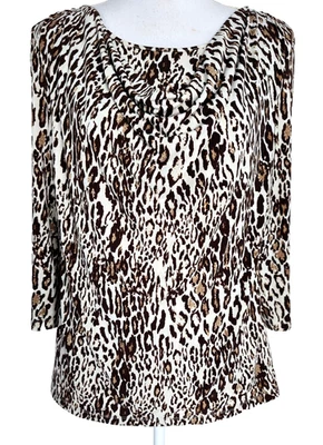 Blusa para mujer Chico's manga 3/4 capucha cuello estampado de leopardo talla 1 EE. UU. 8/10/M Foto 1 de 4