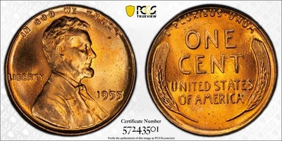 PCGS MS67 RD 1955 Lincoln Wheat Cent Red - Image 1 of 3