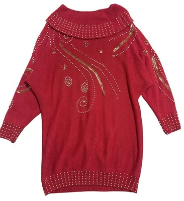 Victoria Woman Sweater Womens 2XL Red Beaded Embellished Cowl Neck Ramie Cotton - Image 1 of 4