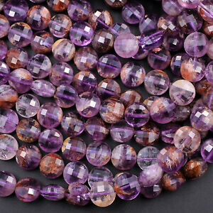 Super 7 Crystal Element Amethyst Faceted Coin 6mm 8mm 10mm Beads 16" Strand