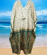 Boho Gypsy Caftan SILK Cream Green Travel KAFTAN MAXI Lounge Wear Dress Onesize