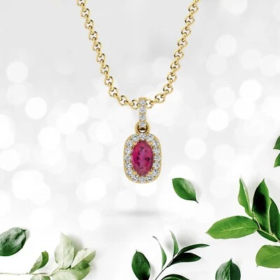 Colgante de turmalina rosa ovalada de 3/4 quilates con halo de diamantes de oro real de 14 k para mujer Foto 1 de 4
