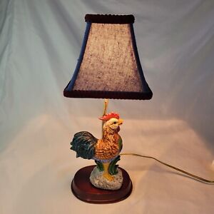 Colorful 16" Ceramic Feathered Rooster Chicken Lamp w/Blue Shade & Wooden Base