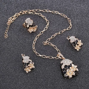 3 pieces GP Star Flower Black Enamel Bijoux Retro Vintage Crystal Jewelry Set - Picture 1 of 9