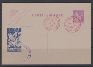 RR entier postal 40 c PAIX repiquage FOIRE LYON 19 9 1937 OB ROUGE AVIATION - Picture 1 of 2