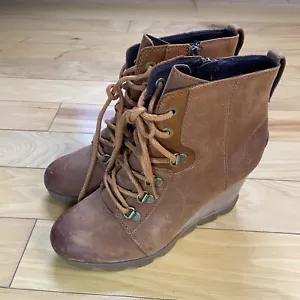 Sorel Joan Uptown Wedge Boots Women 8 Camel Brown Leather Ankle Bootie Lace Up - Picture 1 of 11