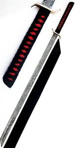 DAMASCUS STEEL JAPANESE KATAANA WARRIOR SWORD BLADE BRASS GUARD & LEATHER SCAB - Picture 1 of 5