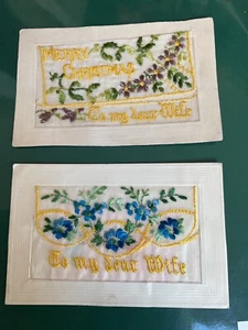 WW1, 2 Hand Embroidered Postcards. To my Wife, Merry Christmas Flowers, c1914-18 - Picture 1 of 10