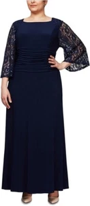 NWT S.L.N.Y Fashions Women's Long Ruched Waist Navy Embroidered Sleeve Dress- 10 - Picture 1 of 6