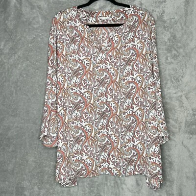 Violet & Claire 2X Top Shirt White Orange Paisley V Neck Bell 3/4 Sleeve Womens - Image 1 of 4