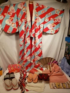 Vintage Japanese Cotton Kimono, 4 Shoes, Socks, Belts, Etc. Large Lot, Used - Picture 1 of 12