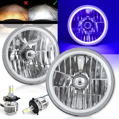 7" Purple SMD LED Angel Eye Crystal Clear Headlight & H4 6K 18/24w LED Bulb Pair - Image 1 of 4