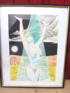 Drawing Watercolour Science Fiction Woman Topless Sign Aravena 93 - Picture 1 of 4