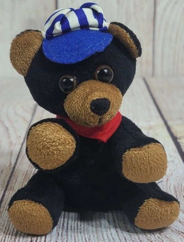 Unipak Designs Plush Teddy Bear Stuffed Animal Toy Blue White Striped Hat 4.5" - Image 1 of 4
