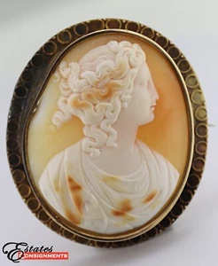 Victorian Large 14k Gold Shell Cameo Brooch - Picture 1 of 14