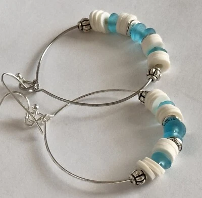 Silver, Blue Beach Glass and Heishi Shell Dangle Hoop Earrings. - Image 1 of 3
