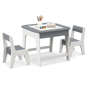 3-in-1 Kids Wooden Table & 2 Chairs Set w/ Storage Detachable Blackboard Drawing - Picture 1 of 9