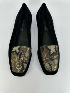 Vintage Enzo Angiolini Wo.  Blk Velvet/gold Tapestry Slip On Flat Shoes Sz5 Used - Picture 1 of 14
