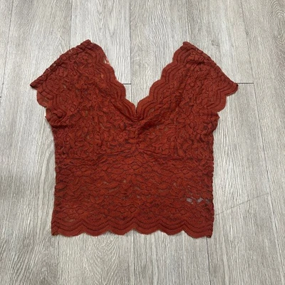 SHYANNE Boho Romantic Lace V Neck Crop Scalloped Top Rust Orange Women's Size S - Image 1 of 4