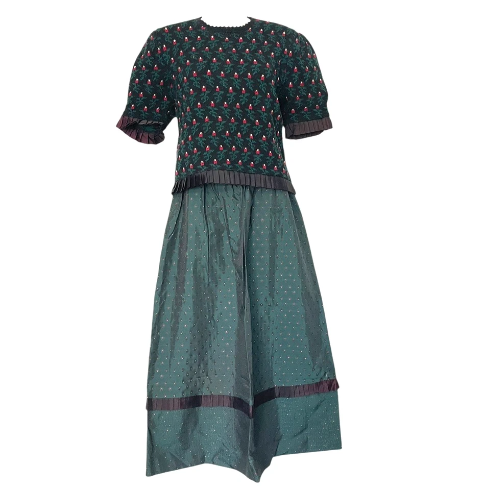 Conjunto de Suéter Vintage Susan Bristol Lã Férias Verde Floral Preppy Dinheiro Antigo P - Imagem 1 de 4