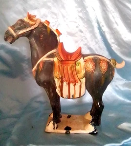 VINTAGE 14" CHINESISCHE TANG-DYNASTIE STIL SANCAI GLASIERTE KERAMIK PFERD FIGUR - Bild 1 von 14