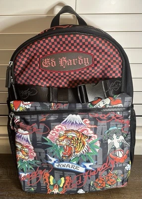 ED HARDY TATTOOS Screaming Tiger Large Skate Red Checker Skull Backpack NWT! - Image 1 of 4