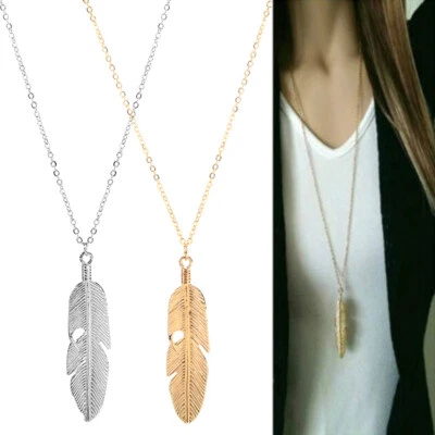 Big Feather Leaf Pendant Necklace Charm Long Chain Gold Silver Trendy Fashion - Image 1 of 4