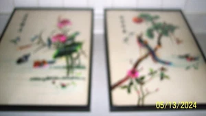 Set of 2 Vintage Oriental Silk Embroidery Birds & FlowersTapestry Framed Picture - Picture 1 of 15