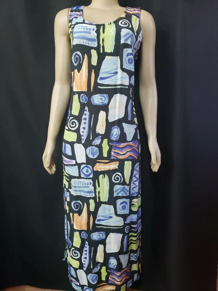 Vestido NINA PICCALINO Negro Multicolor Estampado Abstracto Sin Mangas 14 Lazos Espalda #C Foto 1 de 4