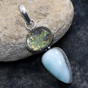 925 Silver Plated Hememorphite Opalite Long Pendant Jewelry Size 2" AU l529 - Picture 1 of 3