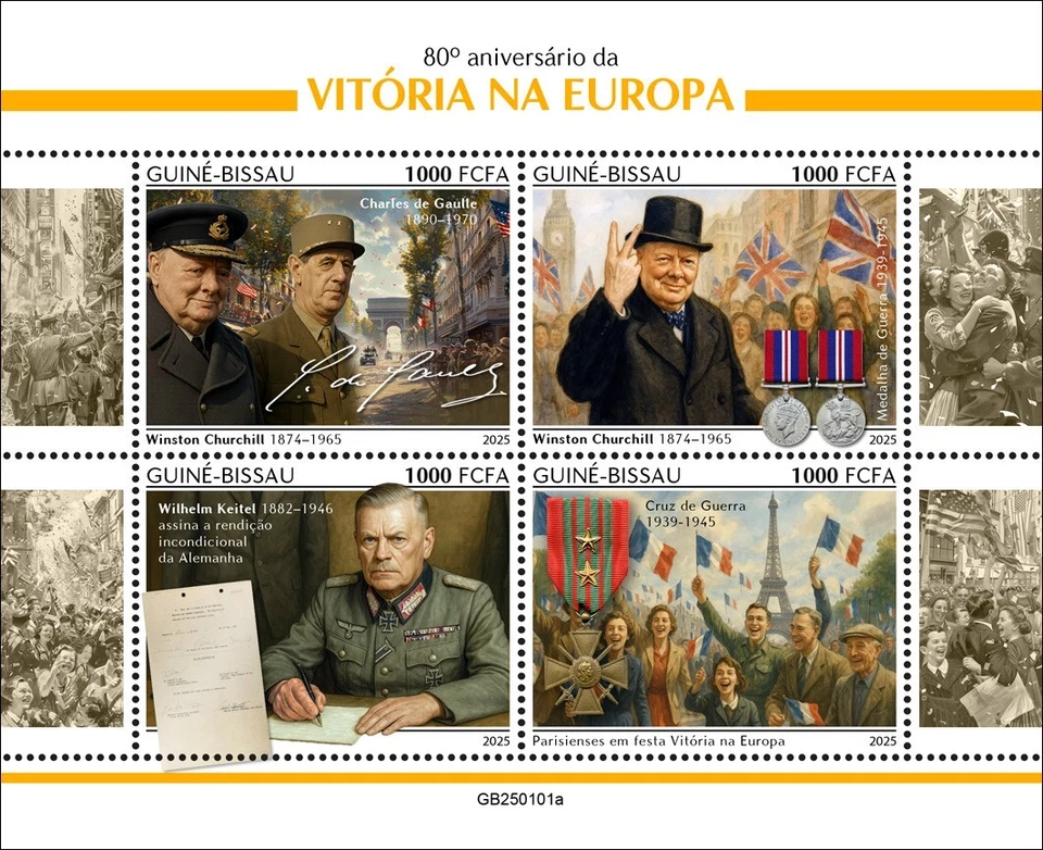VE-Day Winston Churchill Charles de Gaulle MNH Stamps 2025 Guinea-Bissau M/S - Image 1 of 1