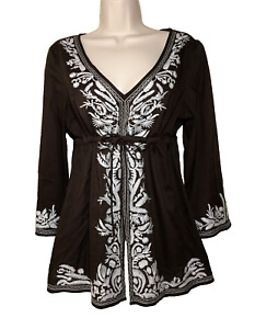 Michael Kors M Embroidered Tunic Top Brown White 3/4 Sleeve V Neck Boho Bust 39"