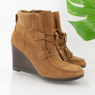 Bota Franco Sarto Mujer Oeste Talla 9.5 Camel Tostado Gamuza Cuña Botines con Cordones Foto 1 de 4