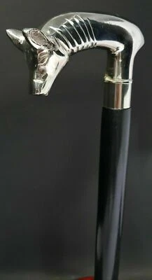 Bastone da passeggio antico vintage in ottone argentato manico testa di maial... - Immagine 1 di 4