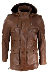 Herren Freizeit Vintage 3/4 Winter Safari Duffle abnehmbare Kapuze Leder Trenchcoat - Bild 1 von 5