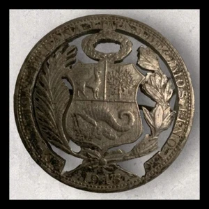 Antike 1915 durchbohrte peruanische Silbermünznadel/Brosche - ca. 1 3/8" - RAR! - Bild 1 von 8