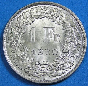 Switzerland 1 Franc Silver Coin 1960 BU Brilliant Uncirculated,Combined Shipping - Picture 1 of 2
